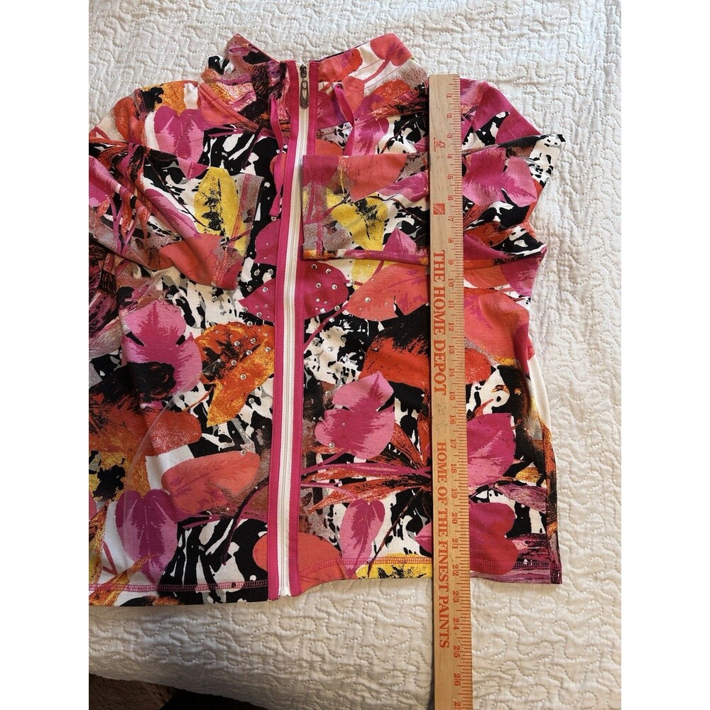 Onque Casuals Leaf Print Zip Up Jacket Large Rhinestone Art to Wear Pink Orange - Picture 4 of 8